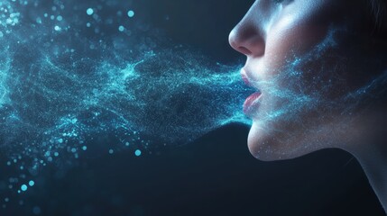 Fototapeta premium Woman blowing blue glitter particles on dark background.