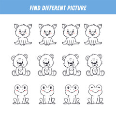 Find different animal in each row. Logical game for kids. Cartoon pig, bear, frog. Vector illustration

