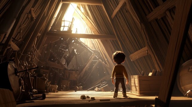 Boy Standing in a Dusty Attic with Sunlight Streaming Through a Hole in the Roof