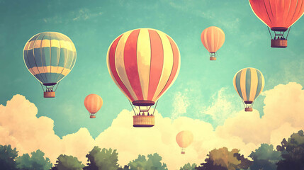 Fototapeta premium Hot air balloons float in a pastel sky with clouds and trees in the background.