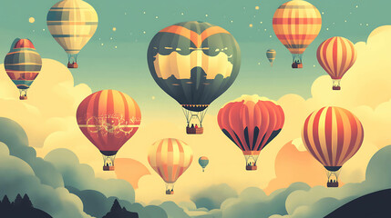 Fototapeta premium Colorful hot air balloons drift across a blue sky with white clouds.