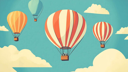 Naklejka premium Retro illustration of hot air balloons flying in the sky.