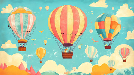 Fototapeta premium Colorful hot air balloons flying in the sky with clouds and mountains in the background.