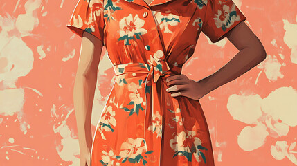 Naklejka premium Woman wearing orange floral dress, standing with hand on hip.