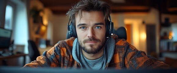 Young man with headphones looking at the camera while sitting in front of the computer.