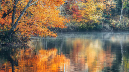 Fototapeta premium Autumn foliage reflects in the still water of a lake.