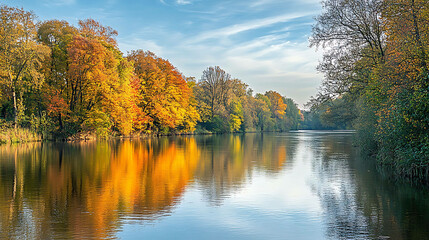 Fototapeta premium Calm river surrounded by autumn trees.