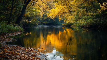 Obraz premium Calm river in a forest with colorful autumn foliage reflected in the water.