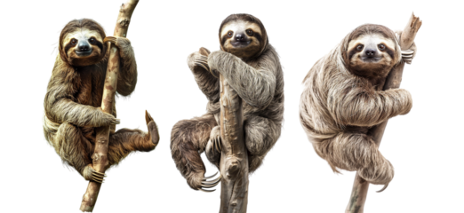 Pack of sloth perched on a branch, all by itself set against a transparent background