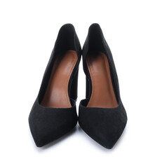 Stylish black high heels on white background