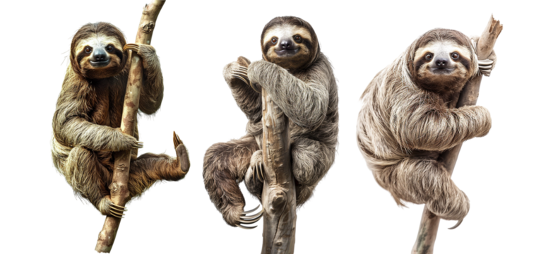 Pack of sloth perched on a branch, all by itself set against a transparent background