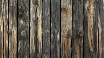 Naklejka premium Close-up of rustic weathered wooden planks with knots and grain.