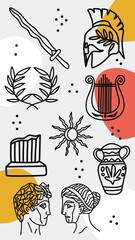 various ancient Greek symbols and objects, including a sword, helmet, laurel wreath, lyre, sun, column, amphora, and profile portraits.