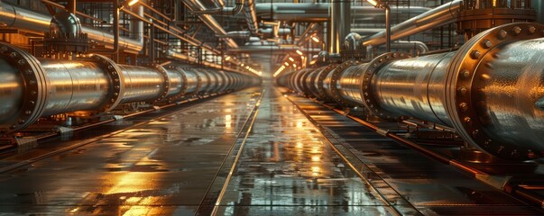 Fototapeta premium Close-up of industrial oil and gas pipelines with glowing orange lights in the distance. Free copy space for banner.