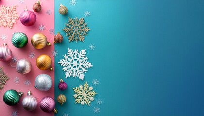 Fototapeta premium Christmas tree decorations and snowflakes on rainbow background with space for text, christmas and new year concept