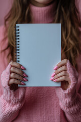 Naklejka premium Person Holding a Blank Notebook in Cozy Pink Sweater