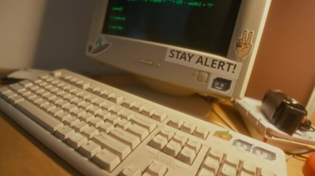 No people panning shot of teenagers workspace with notebooks and old retro computer decorated with bright stickers on desk, green code on screen, books and various stationery in 90s