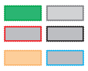 Postage stamp borders set vector. Realistic post stamps set. Blank postage Stamps in flat design. Cachets and postmarks with different landmarks illustrations
