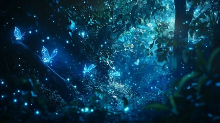 Obraz premium Glowing Blue Butterflies in a Dark Forest