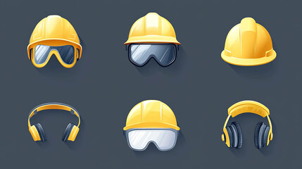 Fototapeta premium Set of six yellow construction safety icons, including hard hats, goggles, and headphones.
