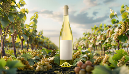 Fototapeta premium White wine bottle mock-up set in a vineyard landscape, highlighting the connection between wine and its natural origins