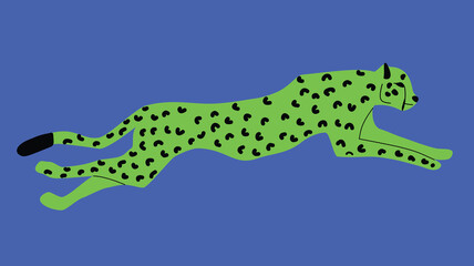  a green and black cheetah in mid-leap set against a striking blue background, capturing the essence of speed and agility.