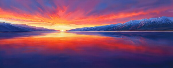 Fototapeta premium Vibrant Sunset Over Calm Waters in Watercolor Style