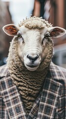 Fototapeta premium A sheep wearing a plaid shirt. AI.