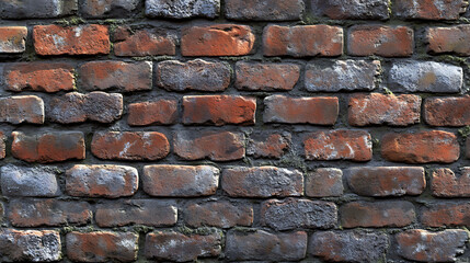 Obraz premium A close-up of an old brick wall with faded red bricks and gray mortar, covered in patches of green moss.