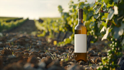 White wine bottle mock-up set in a vineyard landscape, highlighting the connection between wine and its natural origins