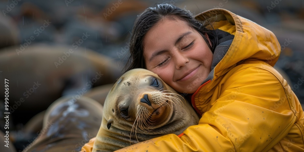 Sticker A young person hugs a seal. AI.