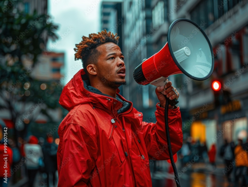 Poster A person speaks into a megaphone in the city. AI.