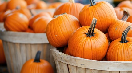 Closeup image of baskets filled with freshly picked pumpkins