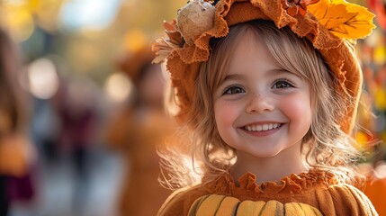 Portrait of girl in Halloween costume of pumpkin 