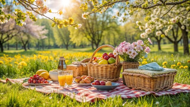 Delightful Spring Picnic Setup with Fresh Fruits and Beverages in a Scenic Park