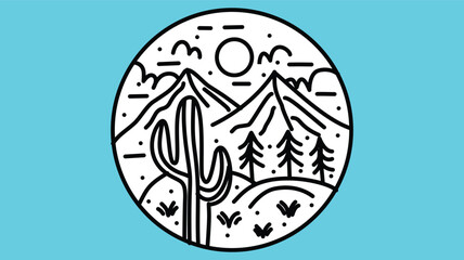  black and white design featuring a desert landscape with a prominent cactus, mountains, trees, a sweeping sky with clouds, and a sun in the background.