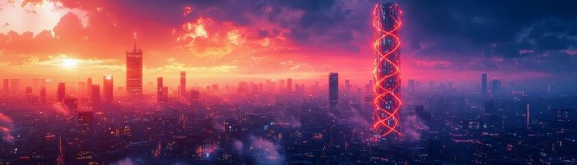 Fototapeta premium Glowing Vein-Like Pathways in Abstract Bionic Tower Blend with Futuristic City Skyline