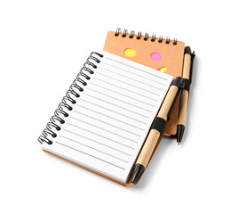 Stylish notebooks with pens on white background