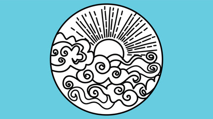 This black and white line art image shows a stylized sun rising over swirling clouds inside a circular frame with a bright cyan background, symbolizing new beginnings.