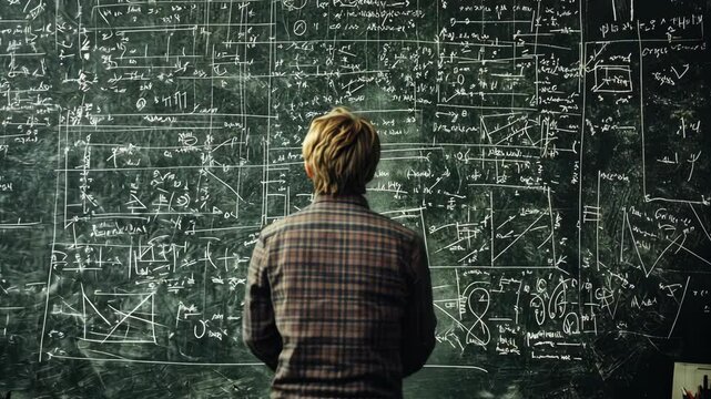 A person stands in front of a chalkboard covered in complex mathematical equations, seemingly lost in thought