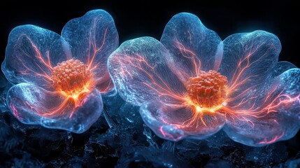 Obraz premium Glowing Futuristic Flowers Encased in Ice: Neon Veins in Sci-Fi Ethereal Delight