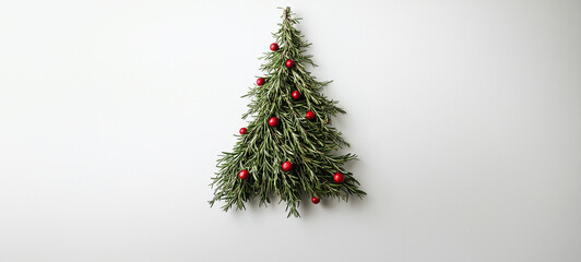 A Christmas tree made of rosemary decorated with red berries
