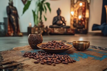 Fototapeta premium A modern yet sacred indoor space with a cacao ceremony setup, including cacao beans, a cup, and spiritual artifacts