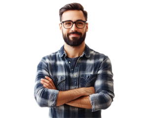 Confident man with a beard and glasses smiling, wearing a plaid shirt. Ideal for lifestyle, fashion, or portrait themes.