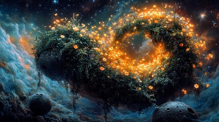 Fototapeta premium Enchanting Bioluminescent Space Garden: Vines, Flowers, and Asteroids in Cosmic Nebula Drift