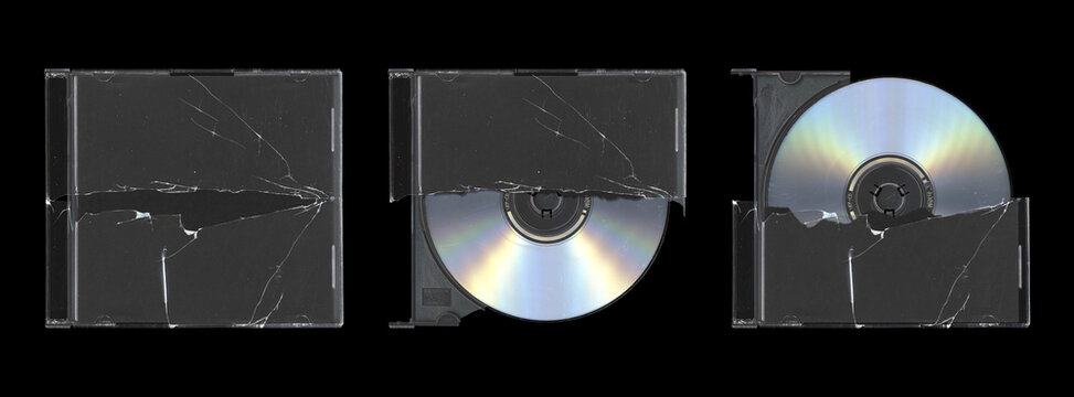 set of three cracked mockup of old music CD disc jewel case with black cover layout for photo and artworks, in black background, y2k style