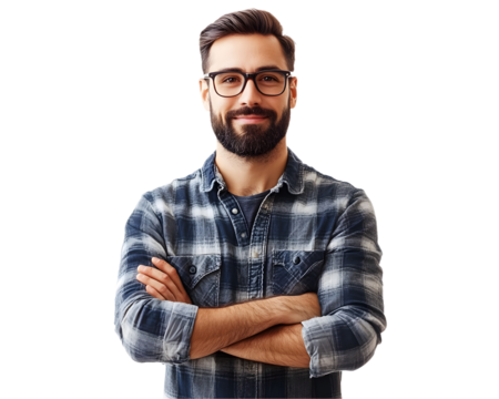Confident man with a beard and glasses smiling, wearing a plaid shirt. Ideal for lifestyle, fashion, or portrait themes.