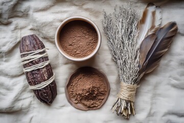 An elegant flat lay of a cacao ceremony kit, including cacao powder, a cup, a feather, and a sage bundle. 