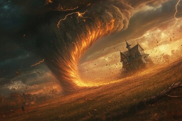 illustration of A scene of the twister carrying Dorothy's house through the sky, with swirling debris and lightning 