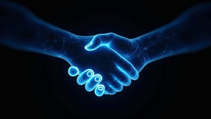 Polygonal hologram of glowing blue digital hands shaking hands on dark background.